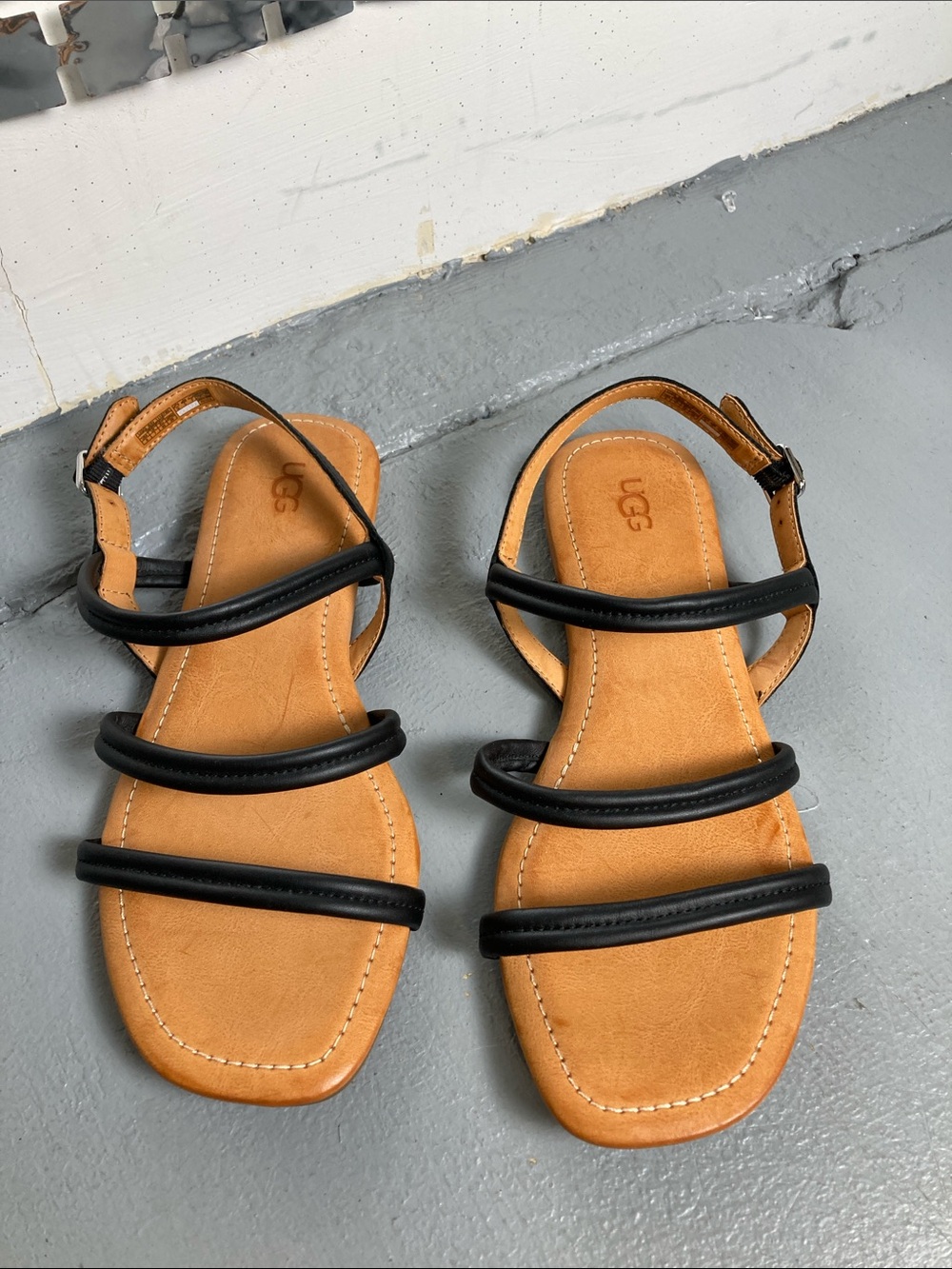 UGG Women's Black Leather Triple-Strap Sandals with Tan Footbed